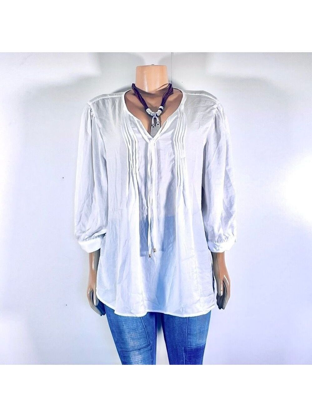 NWT Gorgeous NY Collection 2X White Satin 3/4 Sleeve Peasant Pleated Tie Tunic